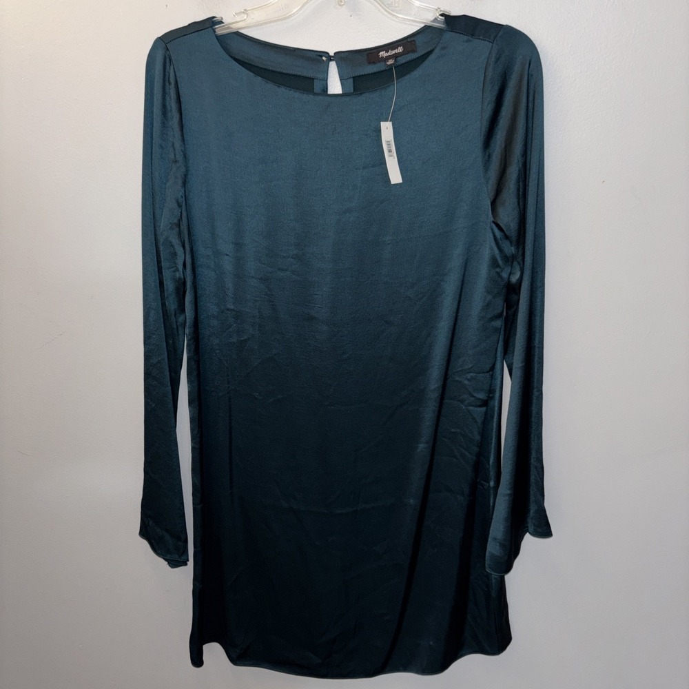 Madewell Women's Size XS Smoky Spruce Green Satin Shift Dress NWT Luxury Holiday